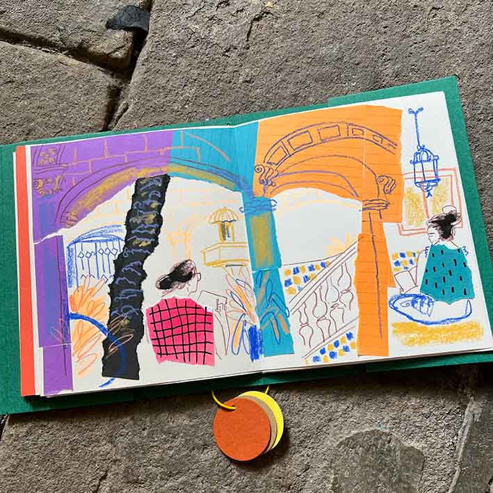 Open sketchbook with a collage illustration made from life at Historic Archives of the City of Barcelona