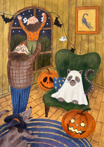 Father holding his little son in his arms helping him hang halloween decorations above window. Dog barking annoyed by cat dressed as ghost.